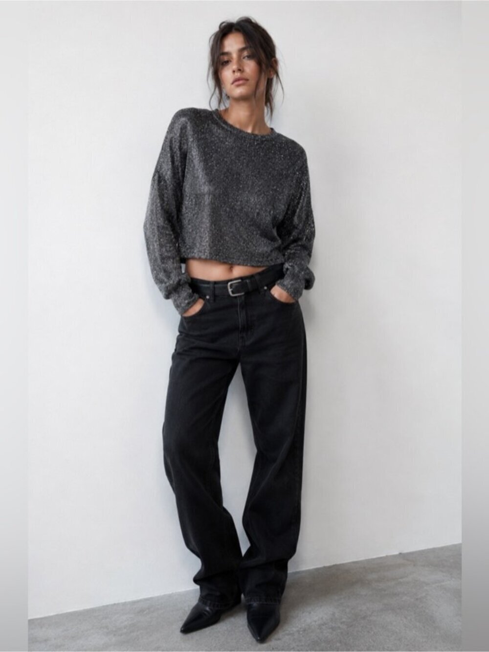 H&M Silver Metallic Glitter Cropped Sweater Size S